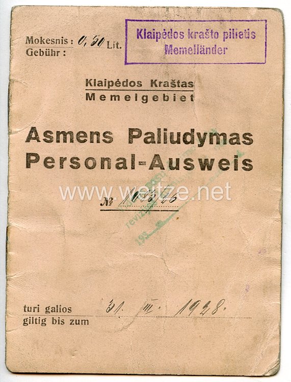 Weimarer Republik - Memelgebiet Personalausweis der Stadt " Memel " für eine Mann des Jahrgangs 1904