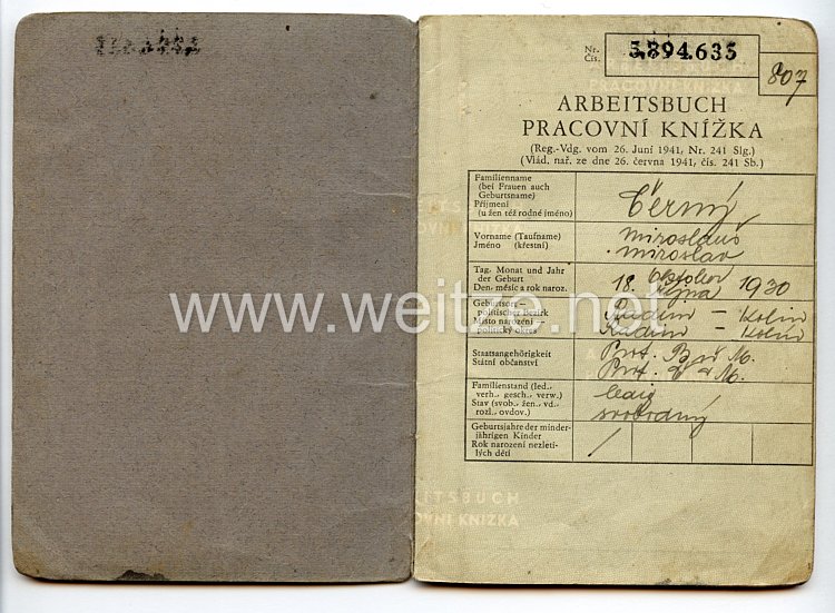 III. Reich - Protektorat Böhmen und Mähren - Arbeitsbuch für einen Mann des Jahrgangs 1930 Bild 2