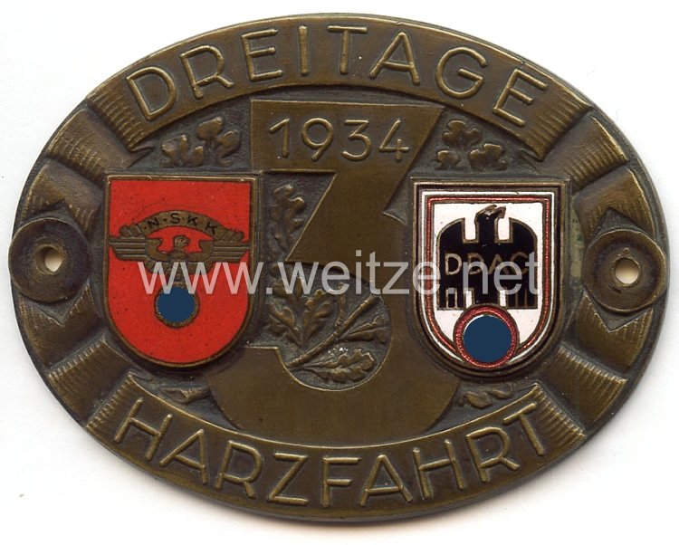 NSKK / DDAC - nichttragbare Teilnehmerplakette - " Dreitage Harzfahrt 1934 " 