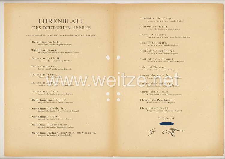 Ehrenblatt des deutschen Heeres - Ausgabe vom 27. Oktober 1943