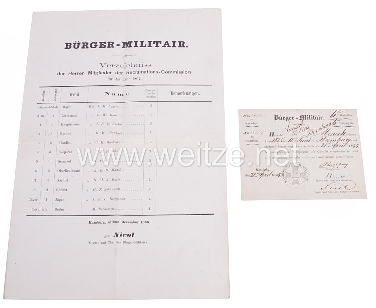 Hamburger Bürger-Militair 1855-1868 - Dokumentengruppe für einen späteren Hauptmann und Chef der 5. Compagnie des 6. Bataillons Bild 2
