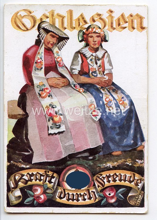 III. Reich - farbige Propaganda-Postkarte - " Schlesien - Kraft durch Freude "