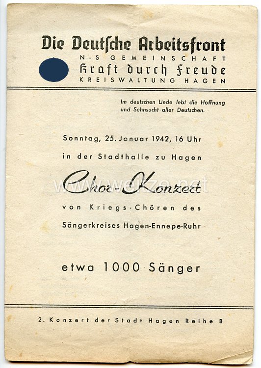 NS.- Gemeinschaft " Kraft durch Freude " ( K.d.F.) - Programmheft zum Chor-Konzert am 25.1.1942 in Hagen