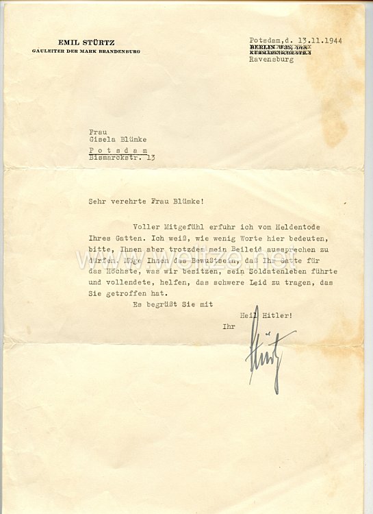 III. Reich - Originalunterschrift von Emil Stürtz, Gauleiter der Mark Brandenburg Bild 2