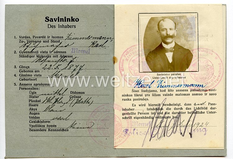 Weimarer Republik - Memelgebiet Personalausweis der Stadt " Memel " für eine Mann des Jahrgangs 1877 Bild 2