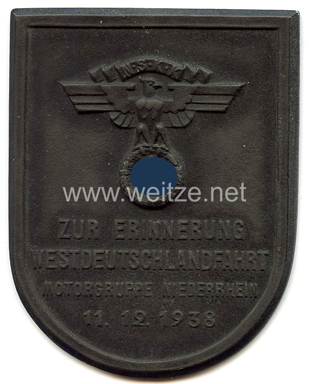 NSKK - nichttragbare Teilnehmerplakette - " Zur Erinnerung Westdeutschlandfahrt Motorgruppe Niederrhein 11.12.1938 "