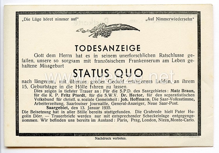 III. Reich - Propaganda-Postkarte - " Todesanzeige - Status quo - Zur Erinnerung an die Saarabstimmung 13.1.1935 "