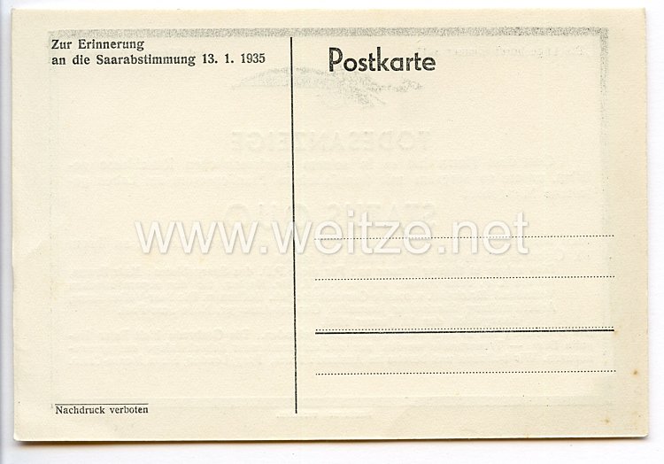 III. Reich - Propaganda-Postkarte - " Todesanzeige - Status quo - Zur Erinnerung an die Saarabstimmung 13.1.1935 " Bild 2