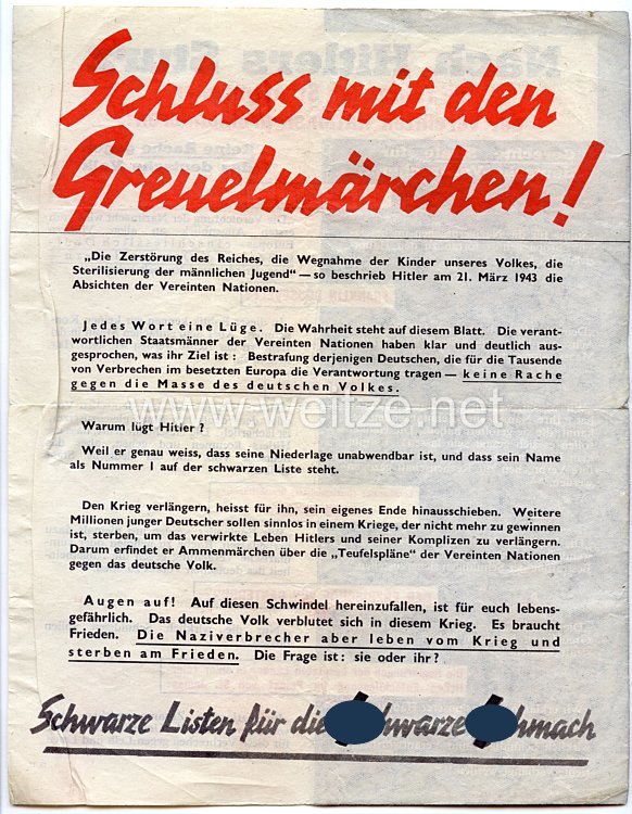 2. Weltkrieg Propagandaflugblatt - " Schluss mit den Greuelmärchen ! "