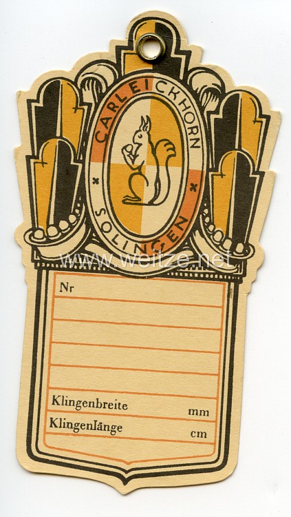III. Reich Herstelleretikett für Blankwaffen von "Carl Eickhorn Solingen" .