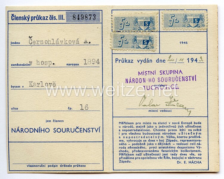 III. Reich - Tschecheslowakei - Narodni Sourucenstvi ( NS ) - Mitgliedsausweis für einen Mann des Jahrgangs 1894 Bild 2