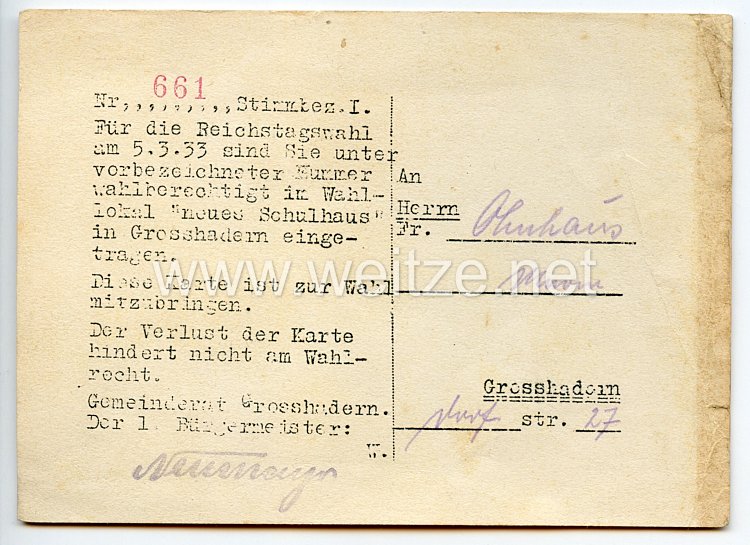 III. Reich - Karte für eine Wahlberechtigte an der Reichstagswahl am 5.3.1933 