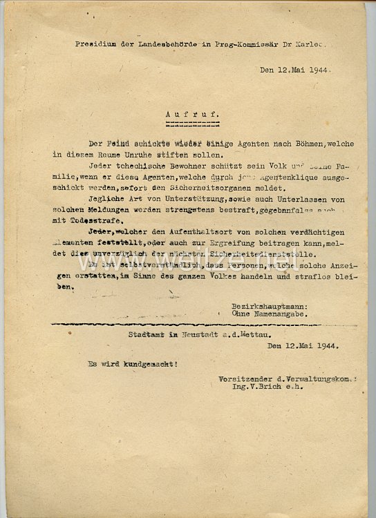 Protektorat Böhmen und Mähren - Präsidium der Landesbehörde in Prag - Aufruf vom 12.5.1944