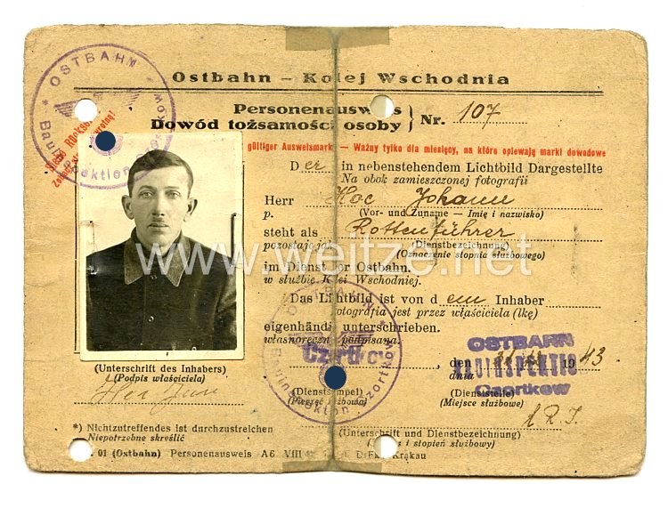 III. Reich - Deutsch - Kolej Wschodnia Personalausweis für eine Mann 