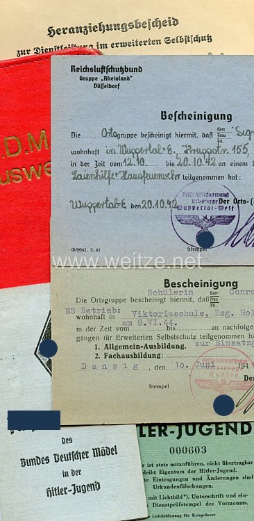 BDM - Führerin Dokumentengruppe für ein Mädel im Bann Wuppertal und später Danzig 