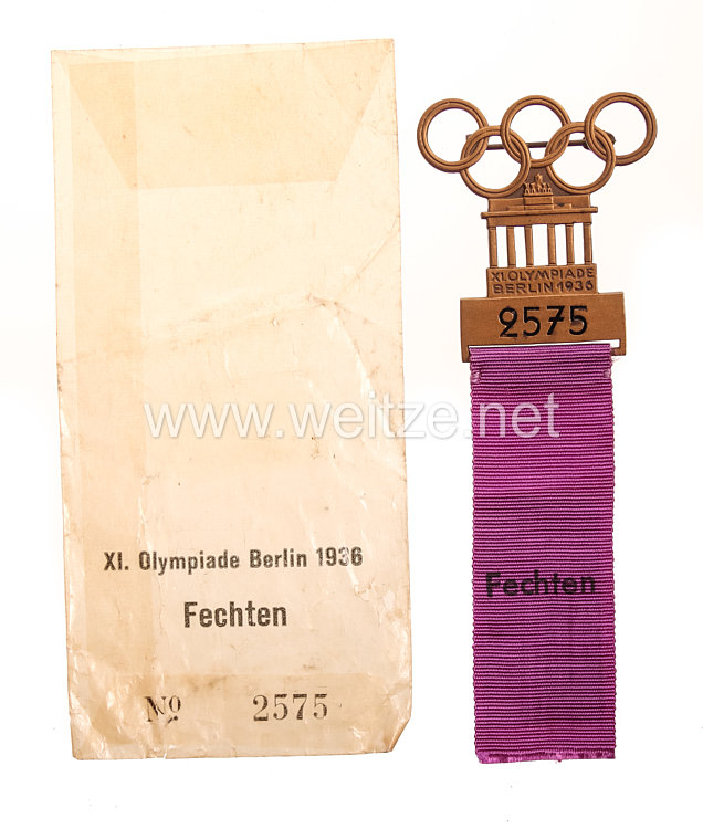 XI. Olympischen Spiele 1936 Berlin - Offizielles Teilnehmerabzeichen für einen Sportler in der Sportdisziplin Fechten