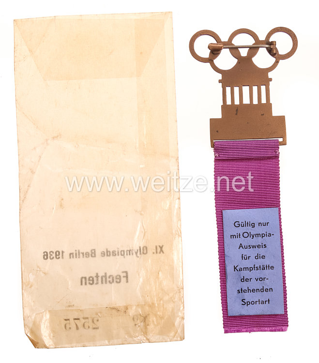 XI. Olympischen Spiele 1936 Berlin - Offizielles Teilnehmerabzeichen für einen Sportler in der Sportdisziplin Fechten Bild 2