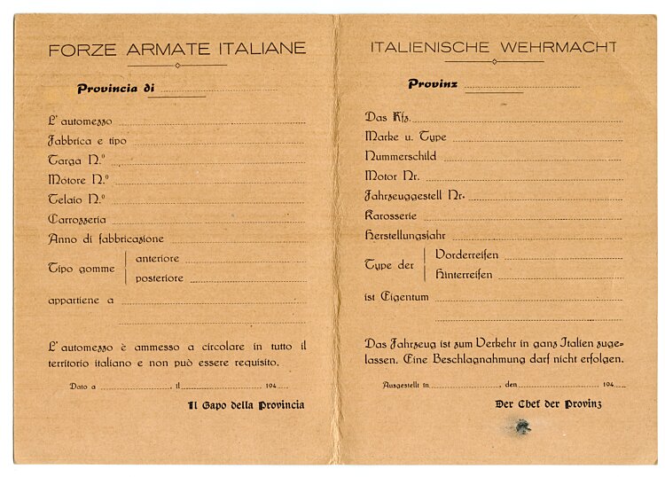 III. Reich - Italienische Wehrmacht - Verkehrsausweis für Militärkraftfahrzeuge Bild 2