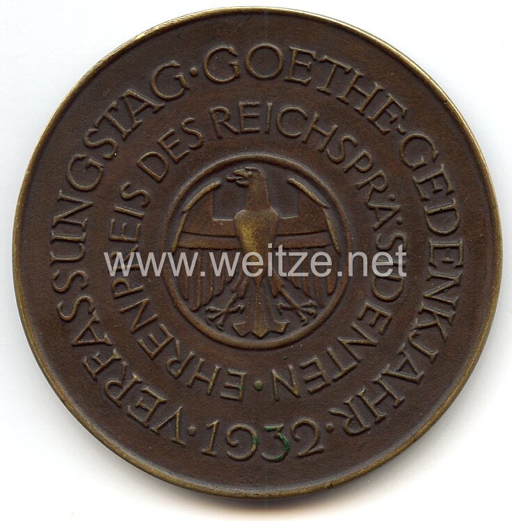 Weimarer Republik Ehrenpreis des Reichspräsidenten in Bronze 1932 - Verfassungstag Goethe Gedenkjahr Bild 2