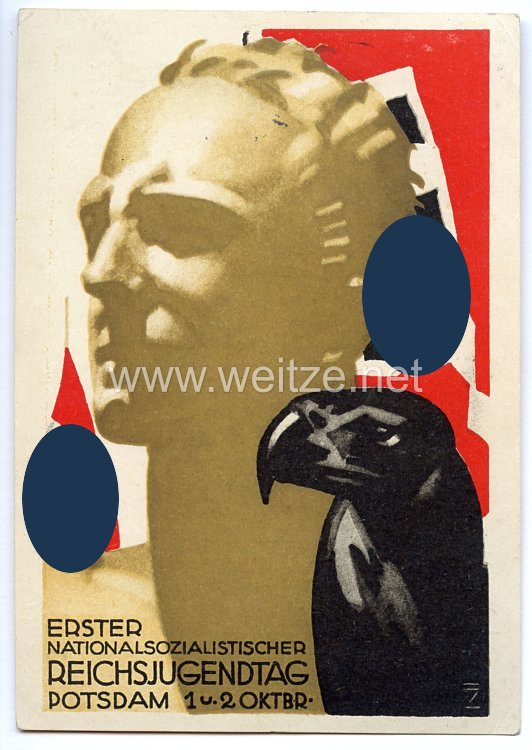 HJ - farbige Propaganda-Postkarte - " Erster Nationalsozialistischer Reichsjugendtag Potsdam 1. u. 2. Oktbr. ( 1932 ) "