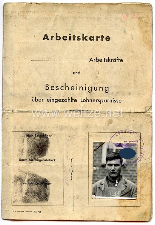 III. Reich - Arbeitskarte für Arbeitskräfte aus den besetzten Ostgebieten