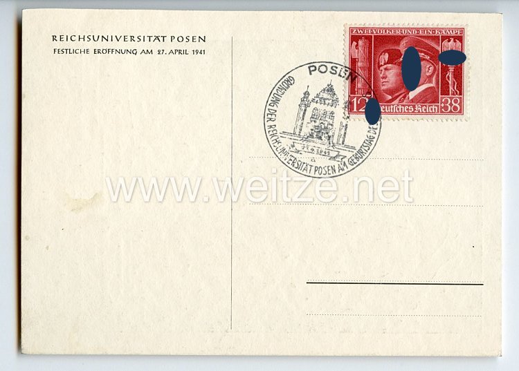 III. Reich - Propaganda-Postkarte - " Gründung der Reichsuniversität Posen am Geburtstag des Führers 1941 - Festliche Eröffnung am 27.4.1941 " Bild 2