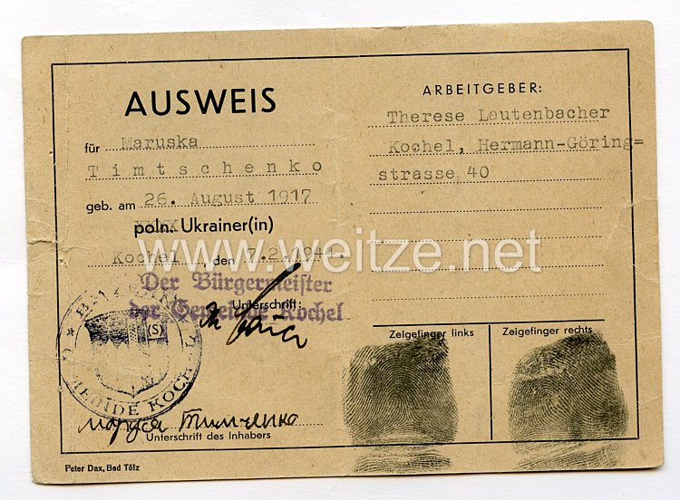 III. Reich - Ausweis für eine Polnische/Ukrainische Ostarbeiterin des Jahrgangs 1917