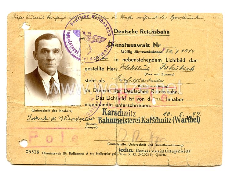 III. Reich - Deutsche Reichbahn - Dienstausweis für einen Polnischen Aushilfsarbeiter 