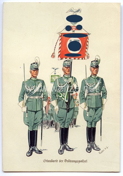 III. Reich - farbige Propaganda-Postkarte - " Standarte der Ordnungspolizei ( Deutschland erwache ) "