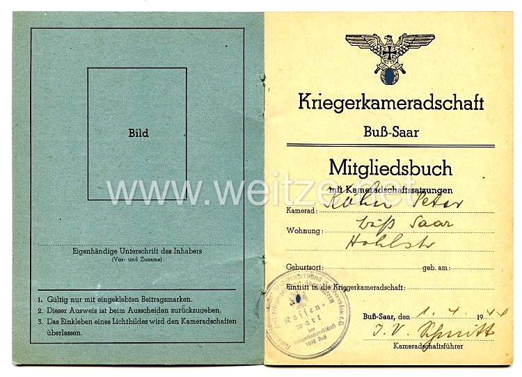 III.Reich Kriegskameradschaft - Mitgliedsbuch Buß - Saar  Bild 2