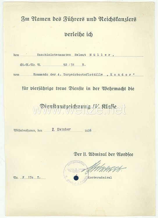 Kriegsmarine - Dokumentengruppe eines Angehörigen der 4. Torpedobootsflottille " Kondor " Bild 2