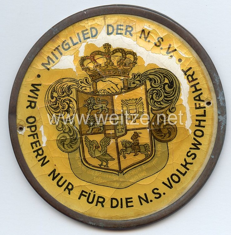 III. Reich - NSV - Türplakette - " Mitglied der N.S.V. - Wir opfern für die N.S. Volkswohlfahrt ( Schleswig-Holstein ) " 