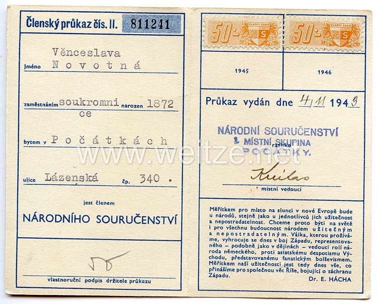 III. Reich - Tschecheslowakei - Narodni Sourucenstvi ( NS ) - Mitgliedsausweis für eine Frau des Jahrgangs 1872 Bild 2