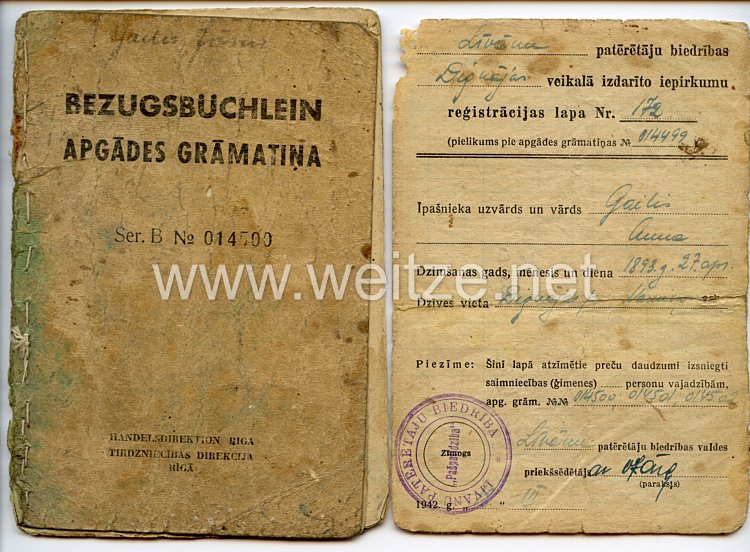 III. Reich / Lettland - Handelsdirektion Riga - Bezugsbüchlein für einen Jungen des Jahrgangs 1926