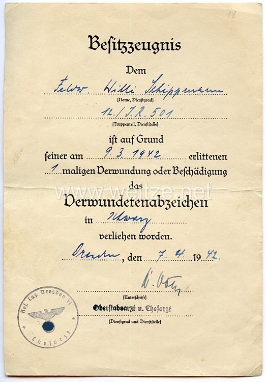 Heer - Urkundentrio für einen Feldwebel und späteren Leutnant der 12.(M.G.)/Inf.-Rgt.501 Bild 2