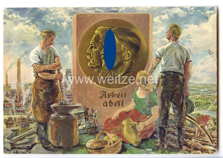 III. Reich - farbige Propaganda-Postkarte - " Hindenburg / Hitler - Arbeit adelt - 1. Mai - Feiertag der Nationalen Arbeit 1933 "