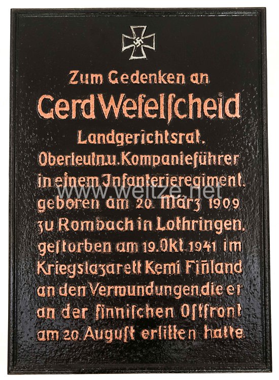 Wehrmacht Heer - Gedenktafel zum Heldentod von Gerhard Wefelscheid, Landgerichtsrat in Eisenach, am 19.10.1941 an der finnischen Ostfront