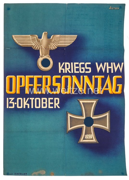 III. Reich - farbiges Plakat - " Kriegs WHW Opfersonntag 13. Oktober " ( 1935 )