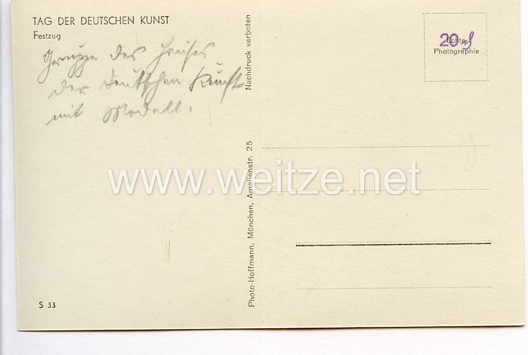 III. Reich - Propaganda-Postkarte - " Tag der Deutschen Kunst 1933 - Festzug "  Bild 2