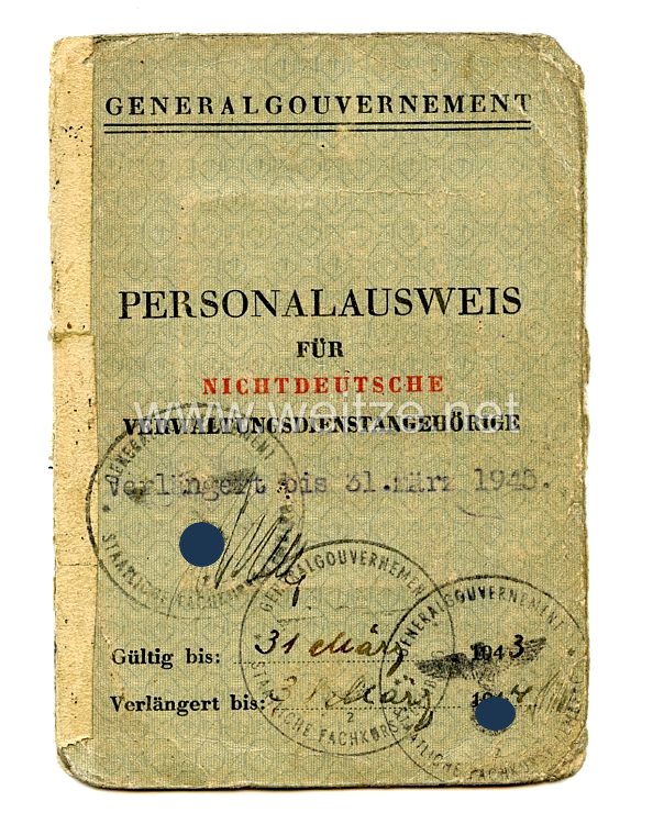 III. Reich - Generalgouvernement - Personalausweis für nicht deutsche Verwaltungsdienstangehörige 