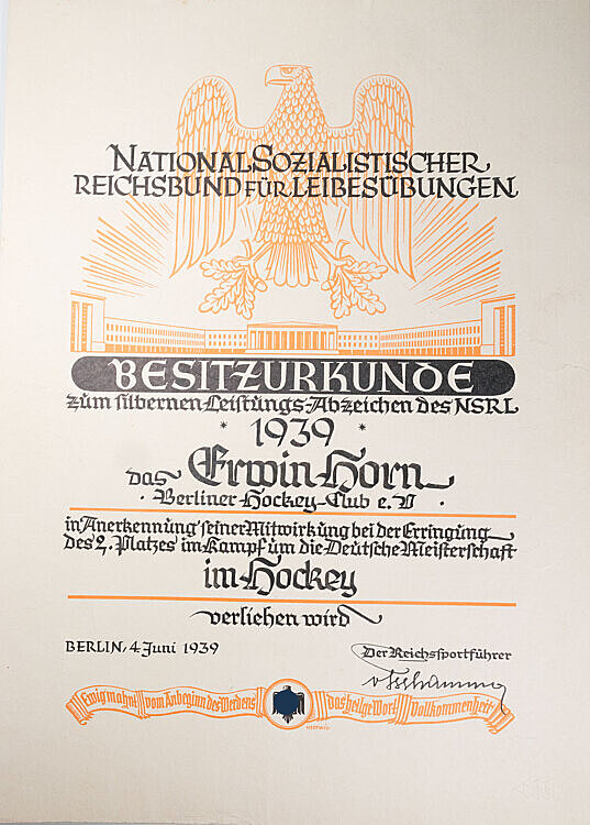 Nationalsozialistischer Reichsbund für Leibesübungen ( NSRL ) - Besitzurkunde zum Silbernen Leistungs-Abzeichen des NSRL 1939