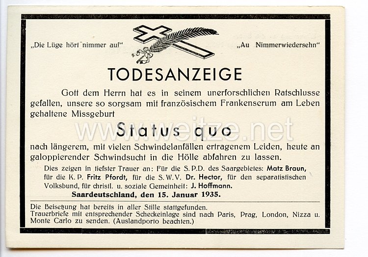 III. Reich - Propaganda-Postkarte - " Todesanzeige - Status quo - Zur Erinnerung an die Saarabstimmung 13.1.1935 "