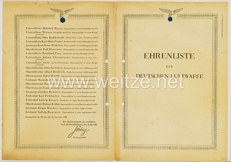 Ehrenliste der Deutschen Luftwaffe - Ausgabe vom 16. November 1942