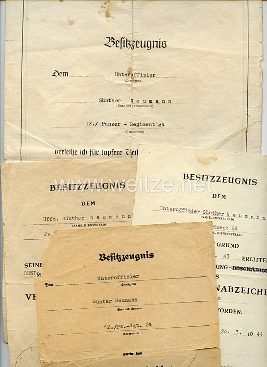 Heer - Urkundengruppe für einen Unteroffizier im Panzer-Regiment 24 mit verliehenem Panzerkampfabzeichen in Silber 2. Stufe mit Einsatzzahl 