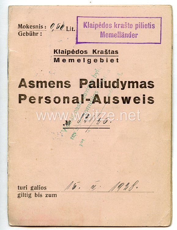 Weimarer Republik - Memelgebiet Personalausweis der Stadt " Memel " für eine Frau des Jahrgangs 1895