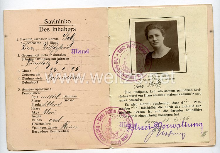 Weimarer Republik - Memelgebiet Personalausweis der Stadt " Memel " für eine Frau des Jahrgangs 1895 Bild 2
