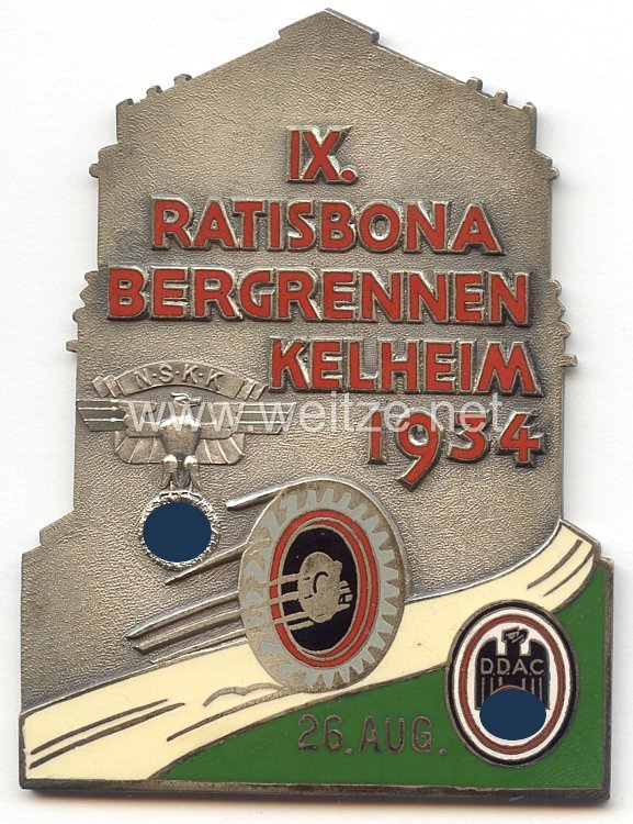 NSKK / DDAC - nichttragbare Teilnehmerplakette - " IX. Ratisbona Bergrennen Kelheim 26. Aug. 1934 "