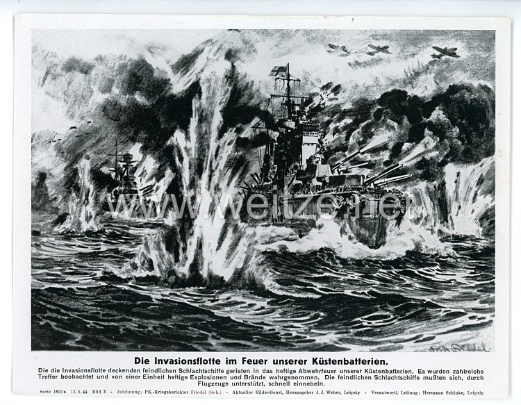 III. Reich - gedrucktes Pressefoto " Die Invasionsflotte im Feuer unserer Küstenbatterien " 13.6.1944