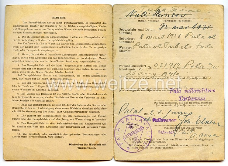 III. Reich / Lettland - Direktorium für Wirtschaft und Transportwesen - Bezugsbüchlein für einen Jungen des Jahrgangs 1925 Bild 2