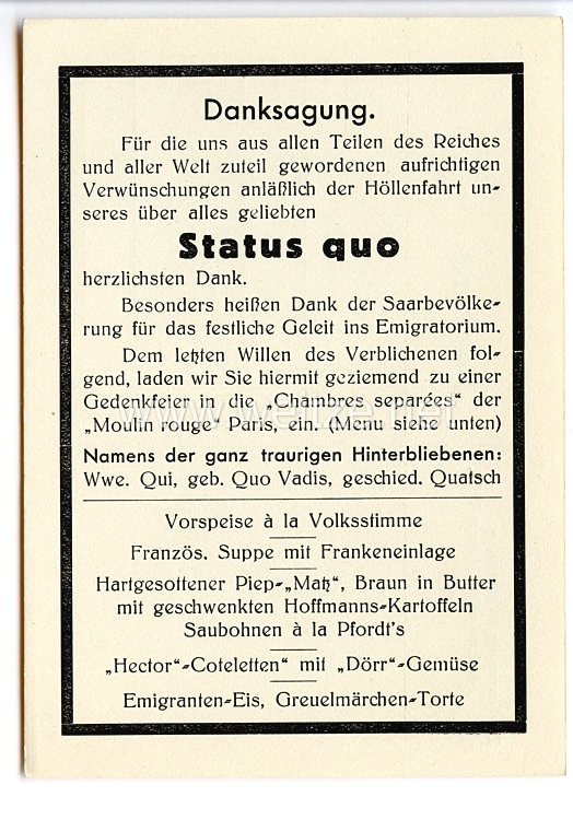 III. Reich - Propaganda-Postkarte - " Danksagung - Status quo - Zur Erinnerung an die Saarabstimmung 13.1.1935 "